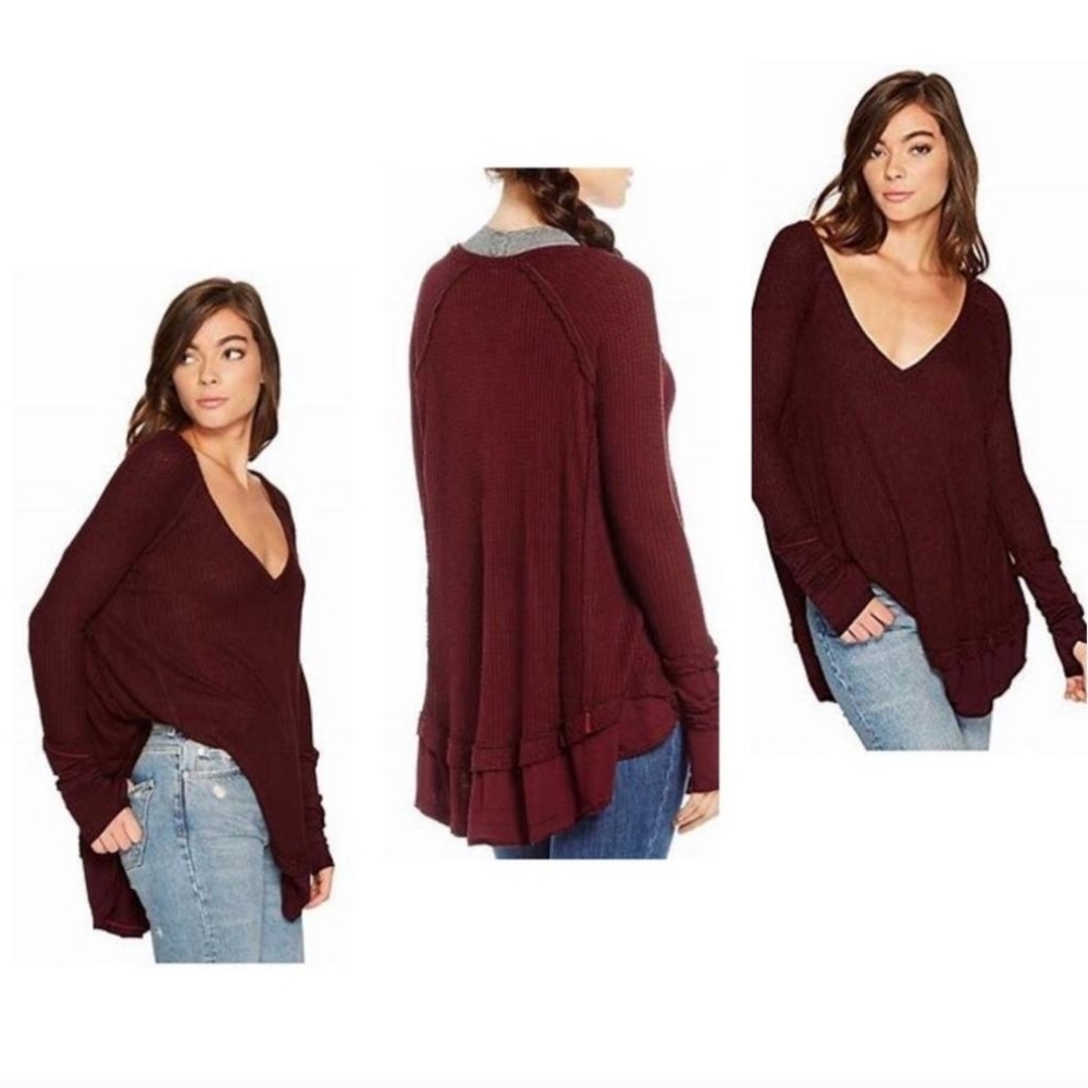 Free People Laguna Thermal Top Waffle Pattern Wine Women's Size Small